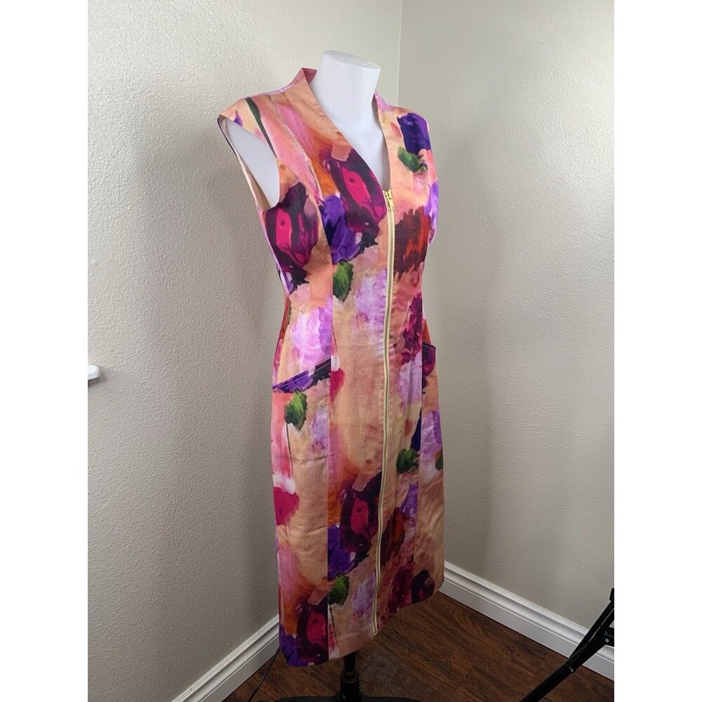 J Peterman Sheath Midi Dress Waterprint Floral Front Zip Sleeveless Womens Sz 8